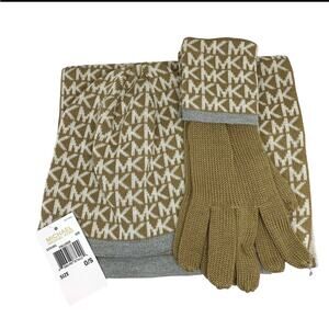 NWT Michael Kors Tan Signature Scarf, Hat and Gloves Set